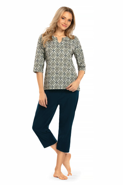 Ascafa Damen Schlafanzug Halbarm 7/8 Hose in Navy