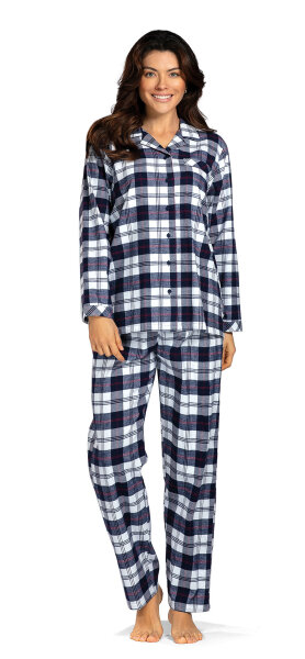 Comtessa Damen Flanell Schlafanzug Marine Kariert