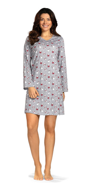 Comtessa Damen Nachthemd Langarm viele Katzen Grau