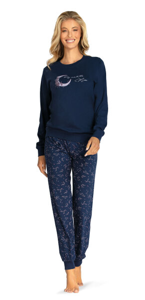 Comtessa Damen Schlafanzug Langarm Bündchen Mond Marine