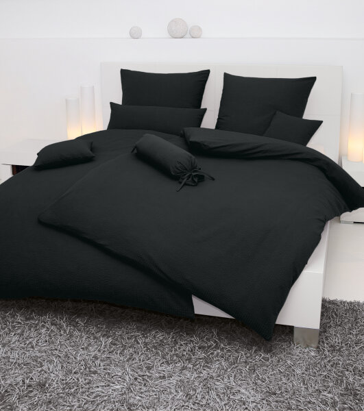 Janine Uni Mako Soft Seersucker Bettwäsche Schwarz 155x220 80x80 cm