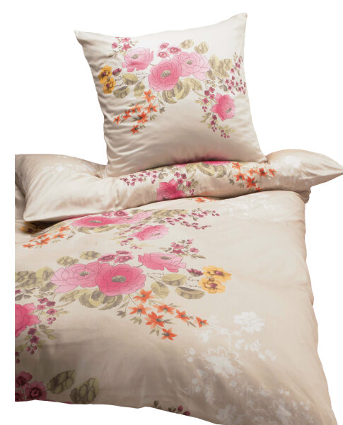 Brennet Mako Satin Bettwäsche Blumen in kiesel