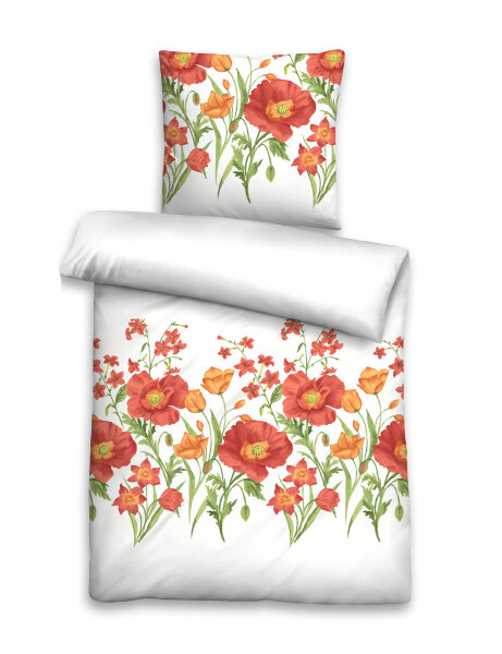 Biberna Castell Seersucker Bettwäsche Blumen Rot Weiß