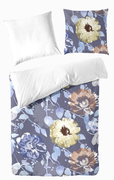 Satin Bettwäsche 155x220 80x80 cm in Blau Blumen