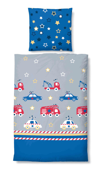 Biberna Linon Baby Bettwäsche 100x135 + 40x60 cm in Blau Autos Sterne